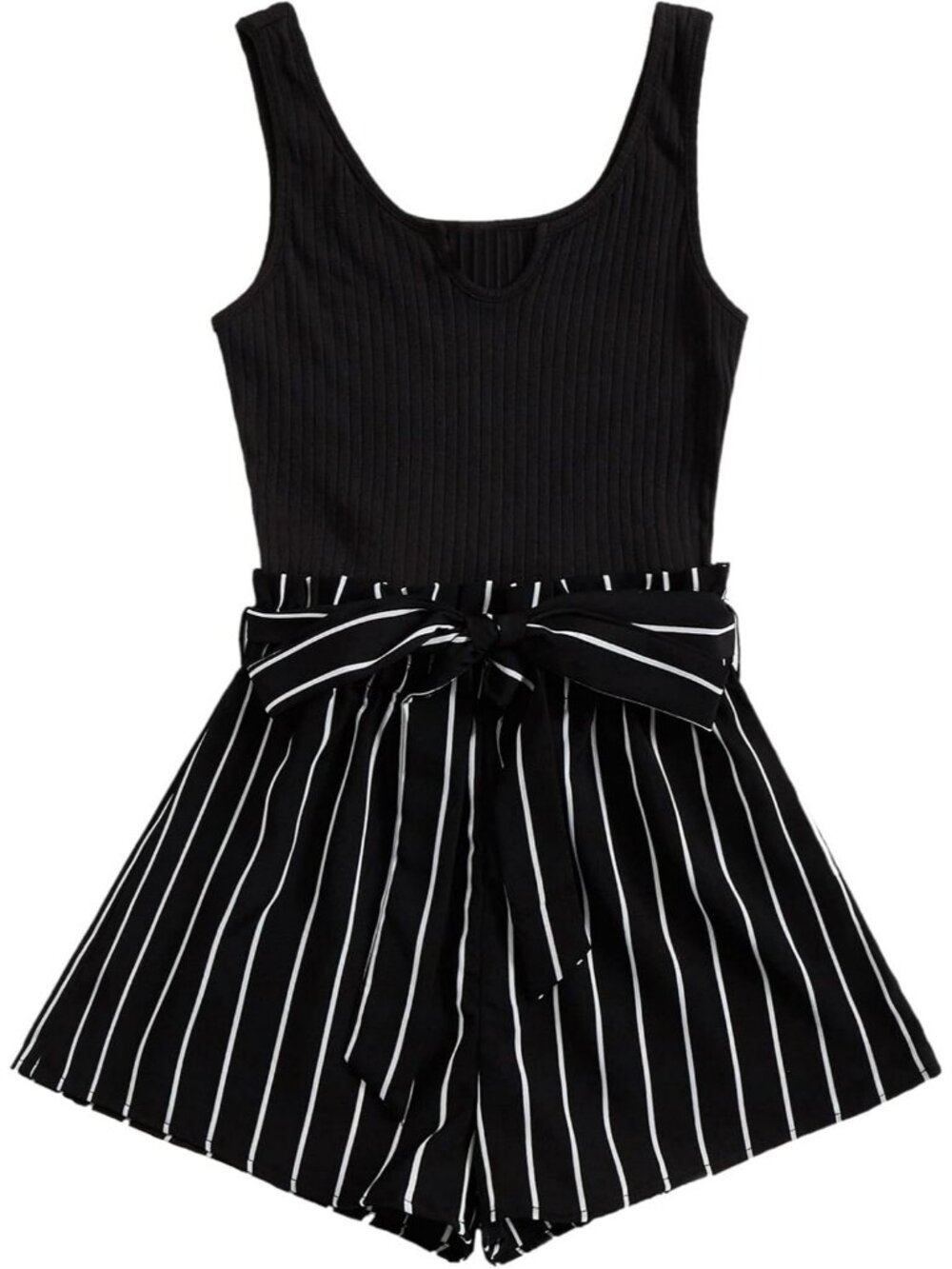 Women's Striped Black White Summer Sleeveless Belted Tank Short Polyester Romper
